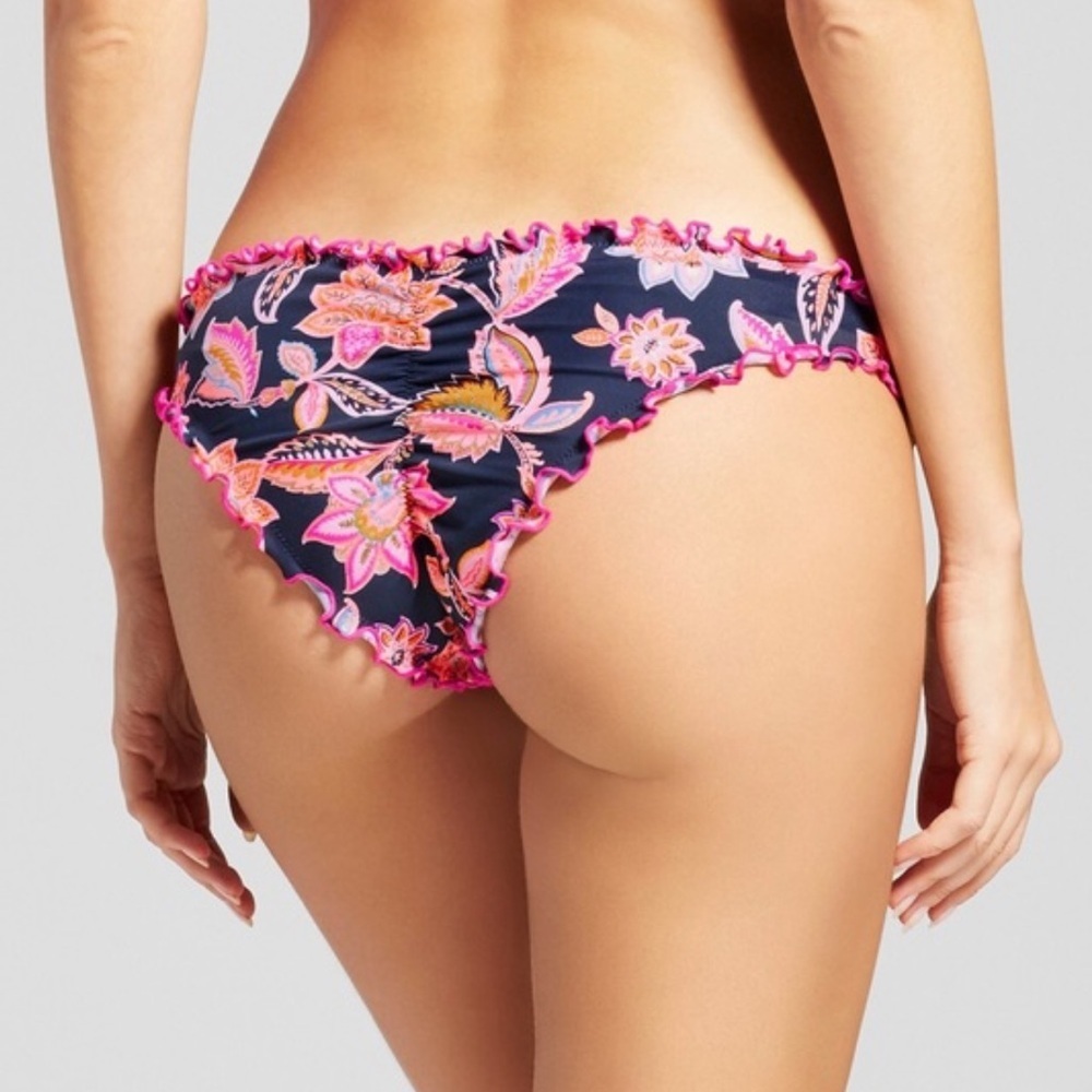 Shade & Shore Swim Metallic Pink Blue Floral Ruffle Cheeky Bikini Bottom Beach S
